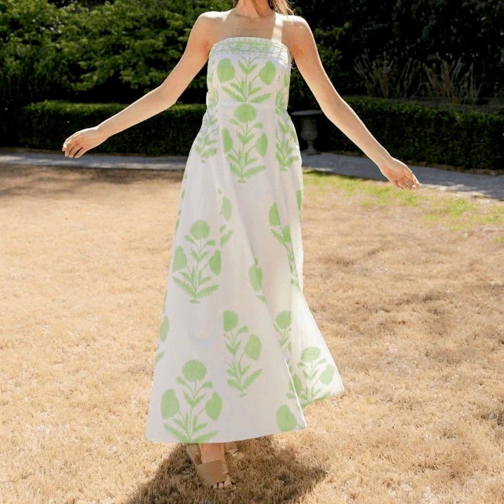 Sue Sartor SS23 Green Apple Marigold Strapless Tie Back maxi sundress small